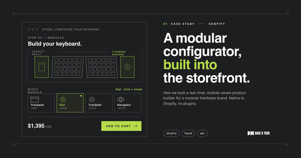 Custom Shopify product configurator interface showing modular keyboard build options with one selection highlighted