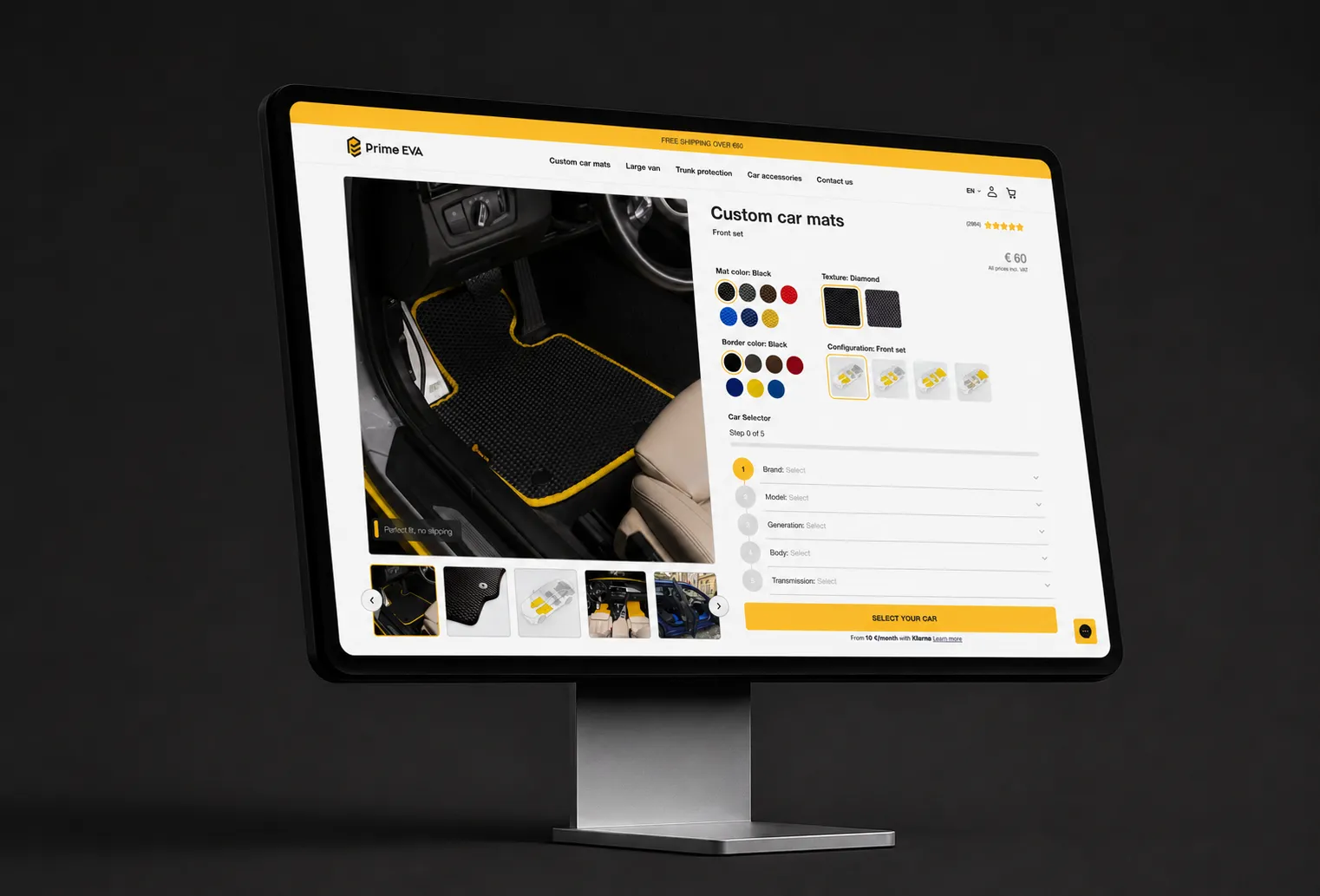 Konfigurator für maßgefertigte Autofußmatten von Prime EVA auf Shopify, auf einem Desktop-Monitor